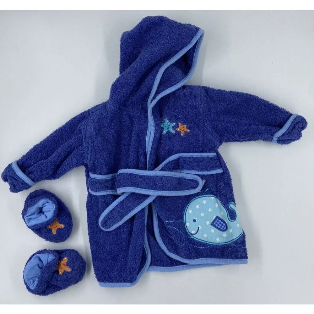 Babies R Us Baby Boys Blue Bath Robe Size 0-9 Months Whale Star Fish Slippers
